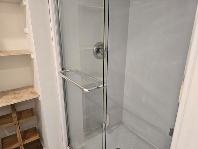 bathroom featuring a shower with shower door