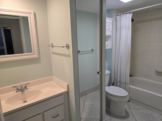 full bathroom featuring shower / tub combo, toilet, tile patterned floors, and vanity