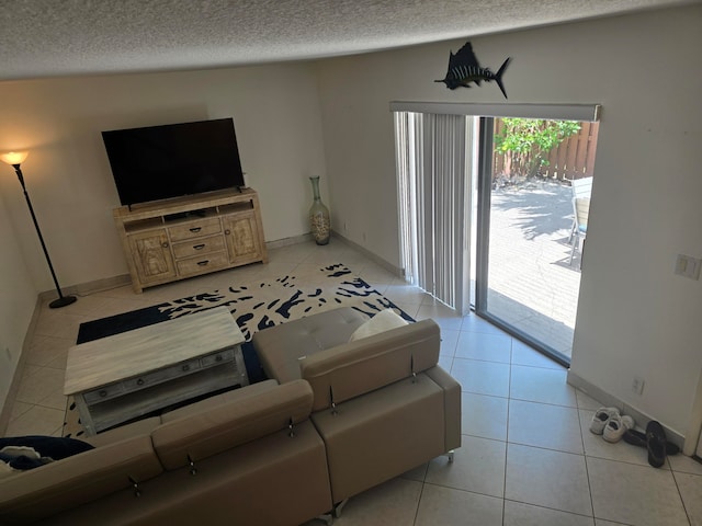 tiled living room with a textured ceiling