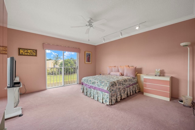 bedroom with ceiling fan, crown molding, access to exterior, light colored carpet, and a textured ceiling