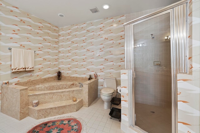 bathroom with separate shower and tub, tile patterned flooring, and toilet