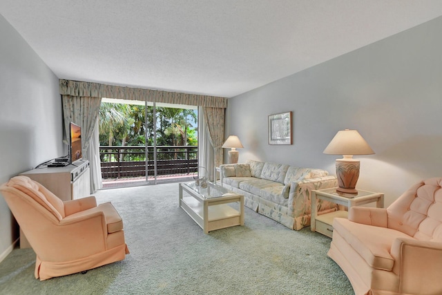 carpeted living room featuring a textured ceiling