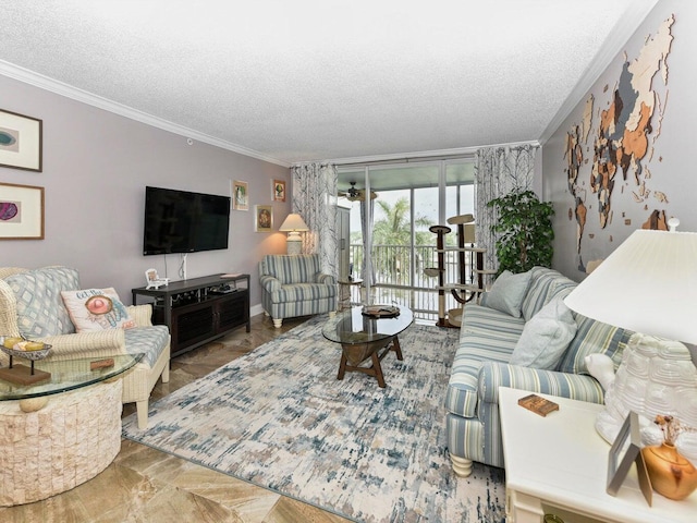 living room with a textured ceiling and crown molding