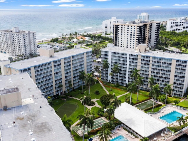 drone / aerial view featuring a water view