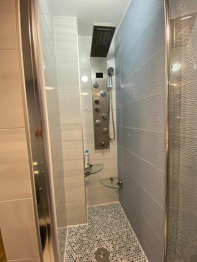 bathroom with a shower with shower door