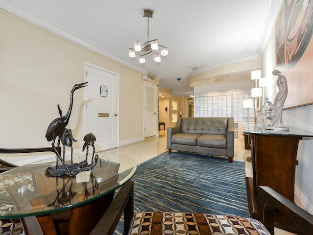 tiled living room with ornamental molding