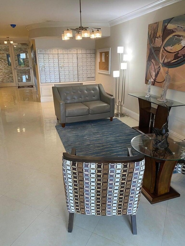 living room with light tile patterned floors, crown molding, and mail boxes