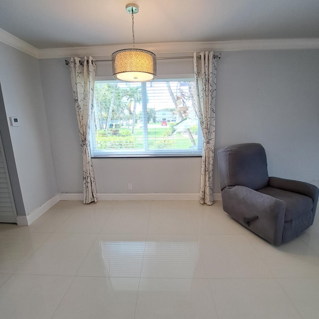 living area with crown molding and tile patterned floors