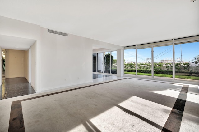 spare room featuring expansive windows and dark carpet