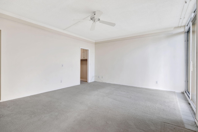 spare room with crown molding, carpet floors, and ceiling fan