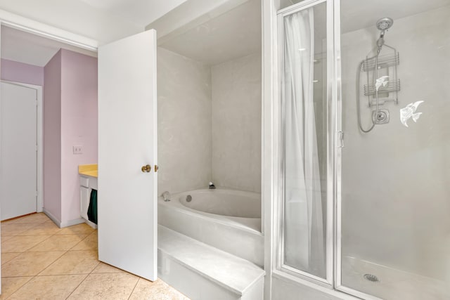 bathroom with vanity, separate shower and tub, and tile patterned flooring