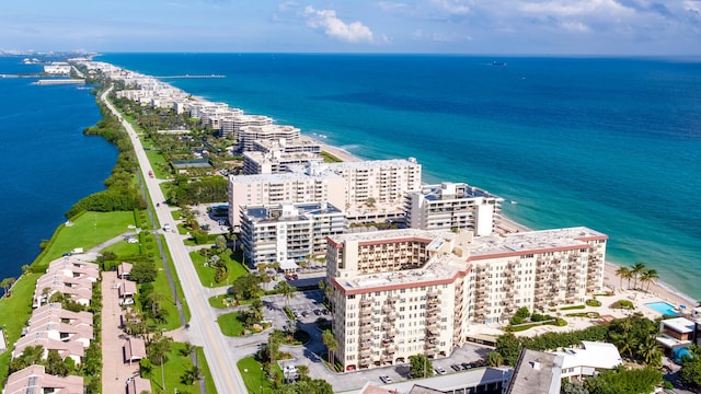 aerial view featuring a view of city and a water view