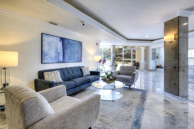 living area with visible vents, a raised ceiling, a textured ceiling, and ornamental molding