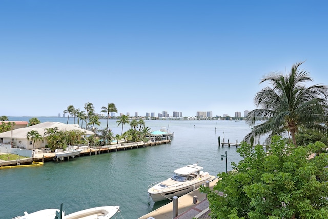 view of water feature with a view of city and a dock