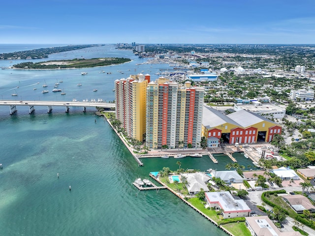 drone / aerial view with a view of city and a water view