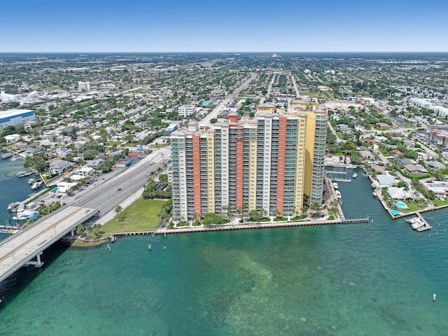 aerial view featuring a water view and a view of city