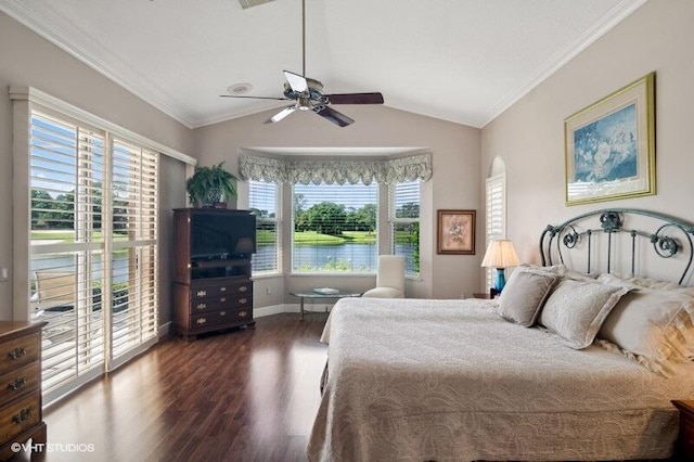 bedroom featuring ceiling fan, ornamental molding, dark wood-type flooring, and vaulted ceiling