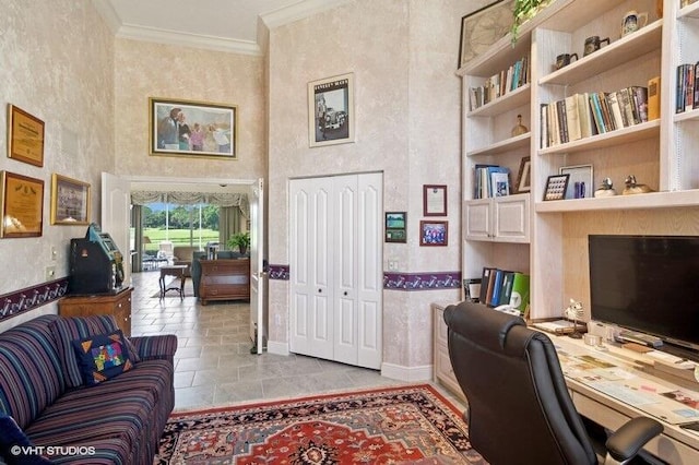 home office with light tile patterned floors and ornamental molding