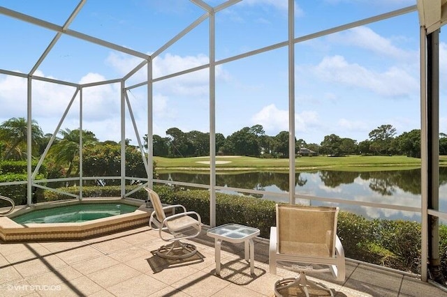 unfurnished sunroom with a water view