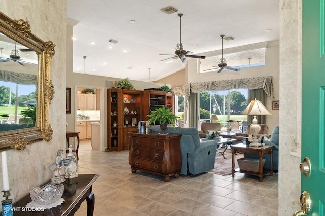 living room with ceiling fan, high vaulted ceiling, and light tile patterned floors