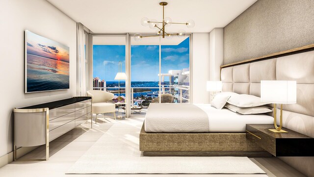 bedroom featuring a wall of windows, light hardwood / wood-style floors, a water view, and an inviting chandelier