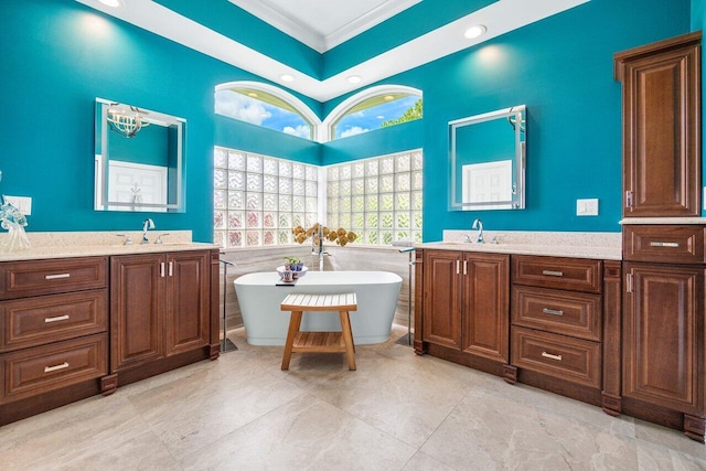 bathroom featuring crown molding, vanity, and a washtub