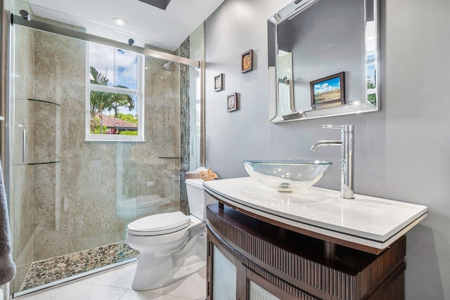 bathroom featuring vanity, toilet, plenty of natural light, and a shower with door