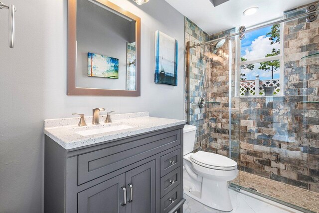 bathroom with vanity, toilet, and a tile shower