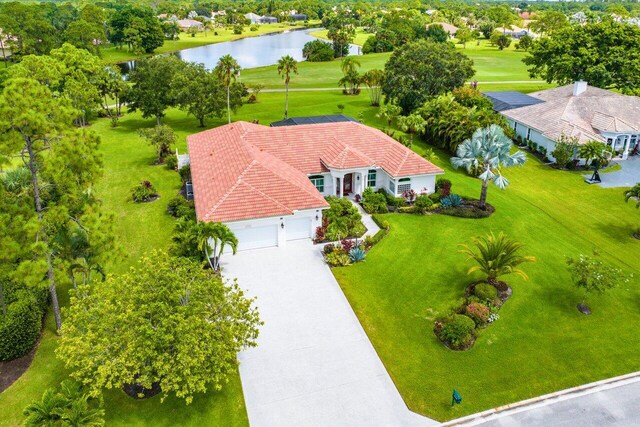 aerial view featuring a water view