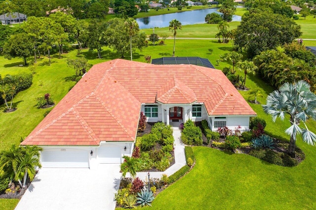 aerial view featuring a water view