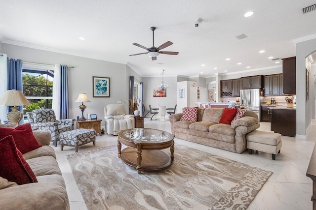 living room with a textured ceiling, crown molding, and ceiling fan