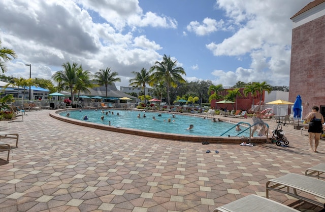 view of swimming pool featuring a patio