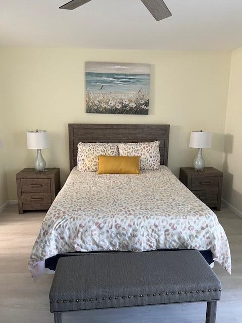 bedroom featuring ceiling fan and light hardwood / wood-style floors