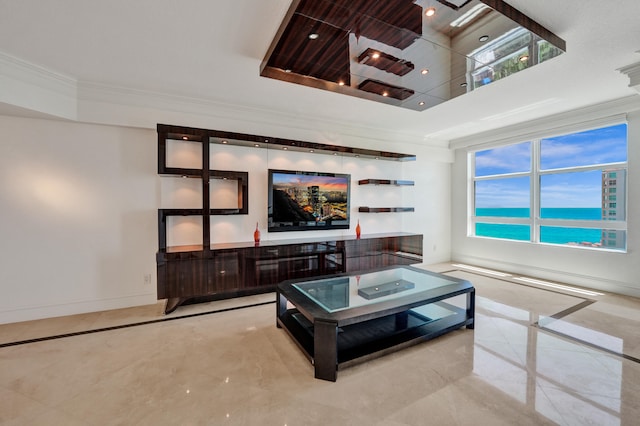 living room with ornamental molding, a raised ceiling, and a water view