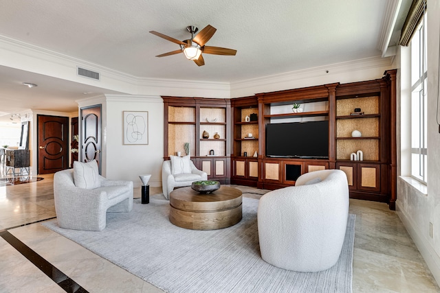 living room featuring light tile patterned floors, crown molding, and ceiling fan