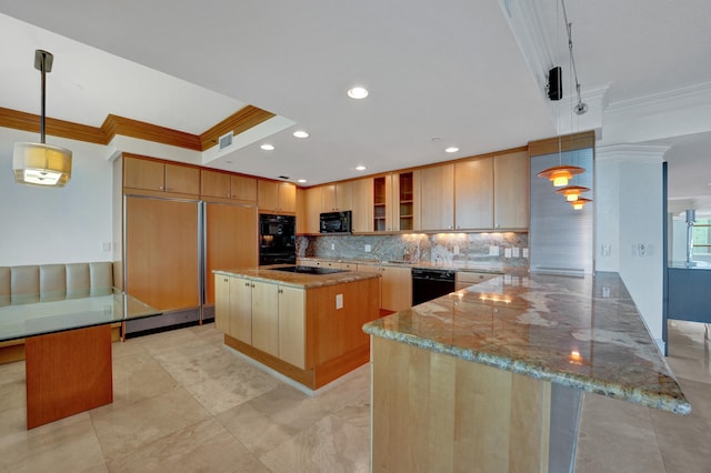 kitchen featuring decorative backsplash, crown molding, decorative light fixtures, and a center island