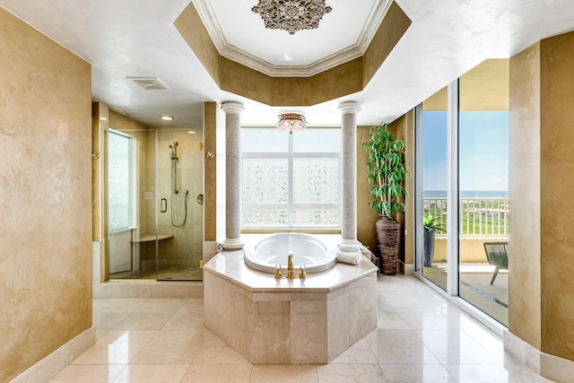 bathroom featuring plenty of natural light, crown molding, and tile patterned floors