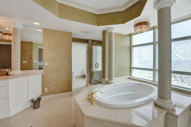 bathroom with vanity, tile patterned flooring, crown molding, decorative columns, and separate shower and tub