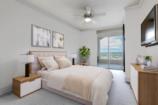 carpeted bedroom with a textured ceiling, ceiling fan, crown molding, and access to outside