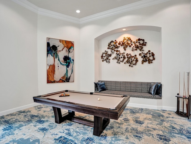 recreation room featuring recessed lighting, pool table, crown molding, and baseboards