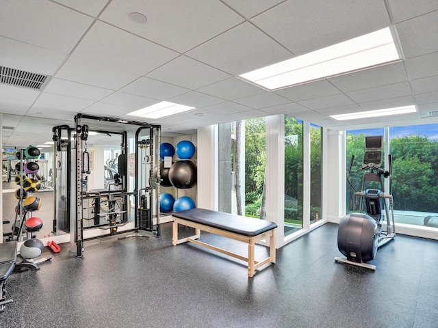 workout area featuring a paneled ceiling, visible vents, and floor to ceiling windows