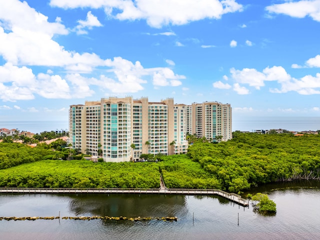 view of building exterior with a water view