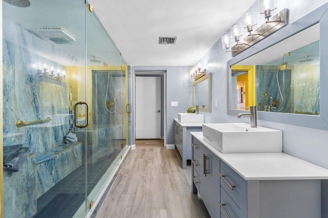 bathroom featuring hardwood / wood-style floors, a shower with shower door, and vanity