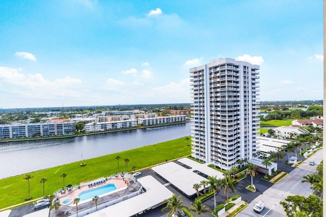 bird's eye view with a water view