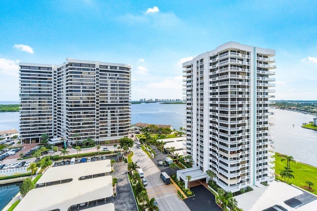 view of building exterior with a water view