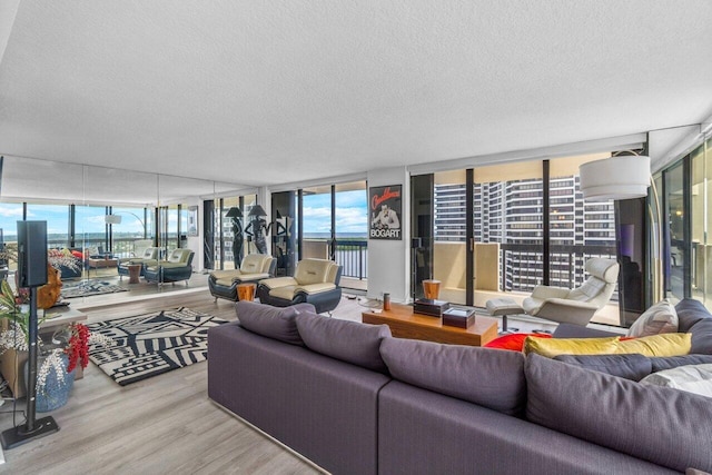 living room with hardwood / wood-style floors, a textured ceiling, a wealth of natural light, and expansive windows