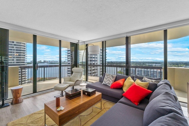 living room with a water view, light wood-type flooring, and a healthy amount of sunlight