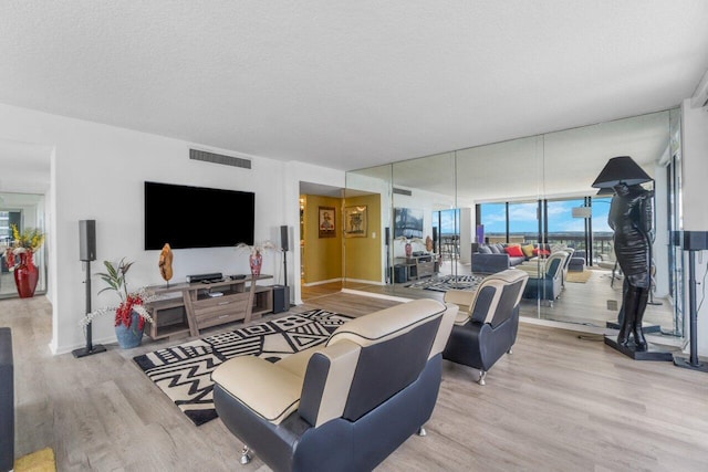 living room with a textured ceiling and light wood-type flooring