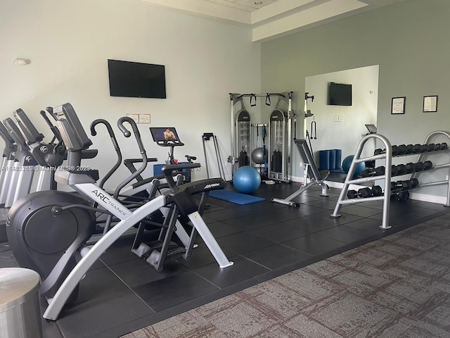 exercise room featuring a high ceiling