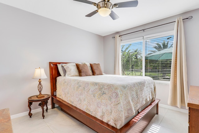 bedroom featuring ceiling fan and light tile patterned floors